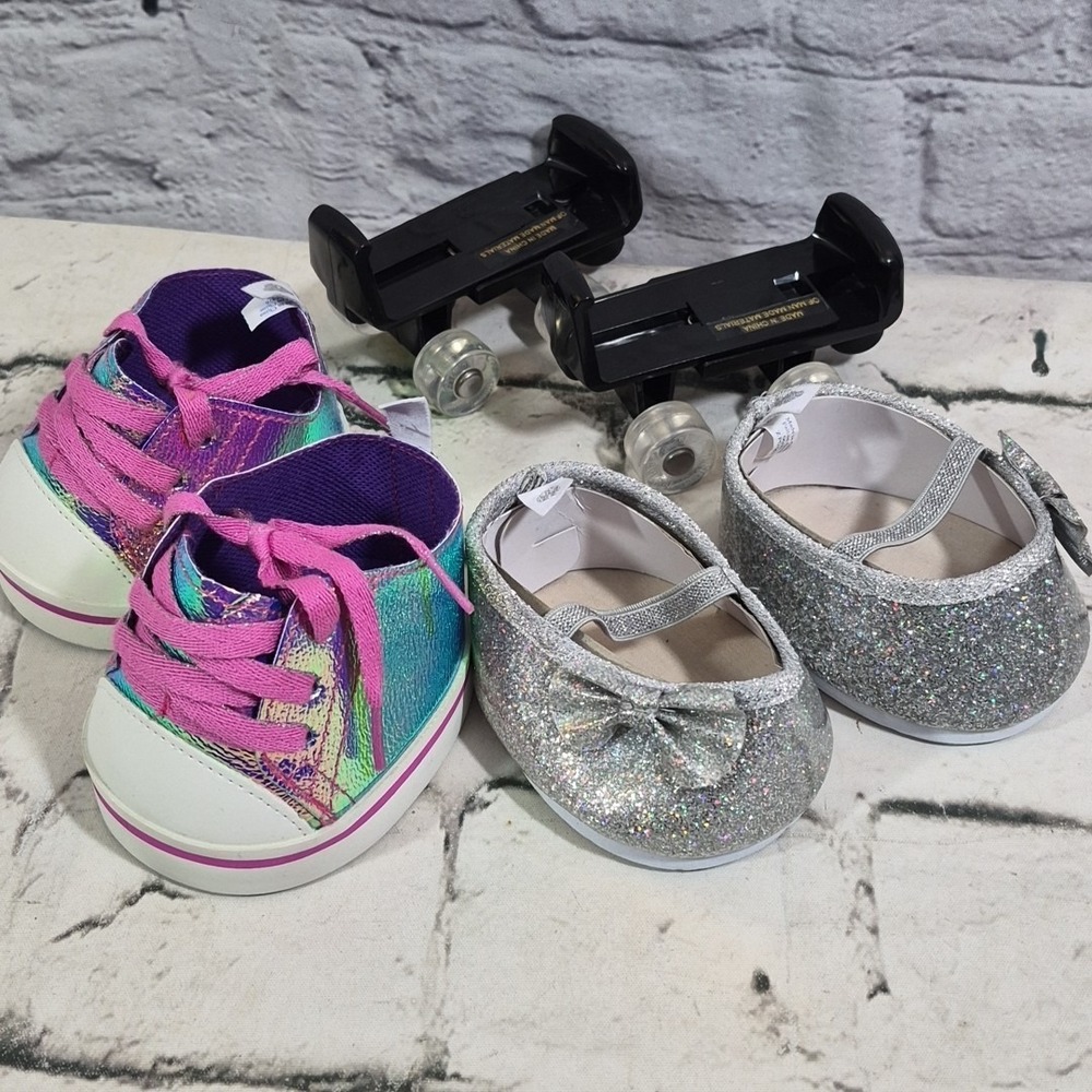 Build A Bear Workshop Shoes Lot Iridescent Sneakers Silver Flats Roller Skates